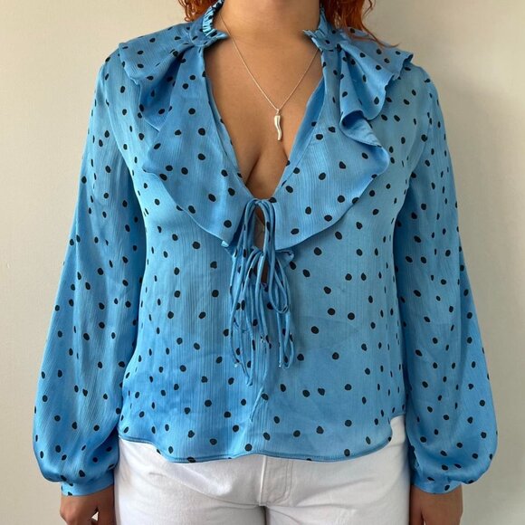 Zara Blue And Black Polka Dot Blouse With Frill Detail Size L - Picture 1 of 1